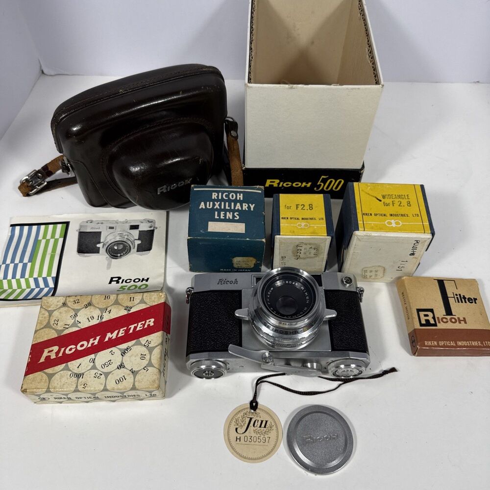 Ricoh 500 Rangefinder 35mm Film Camera w/ Aux Lens, Box, Instructions More